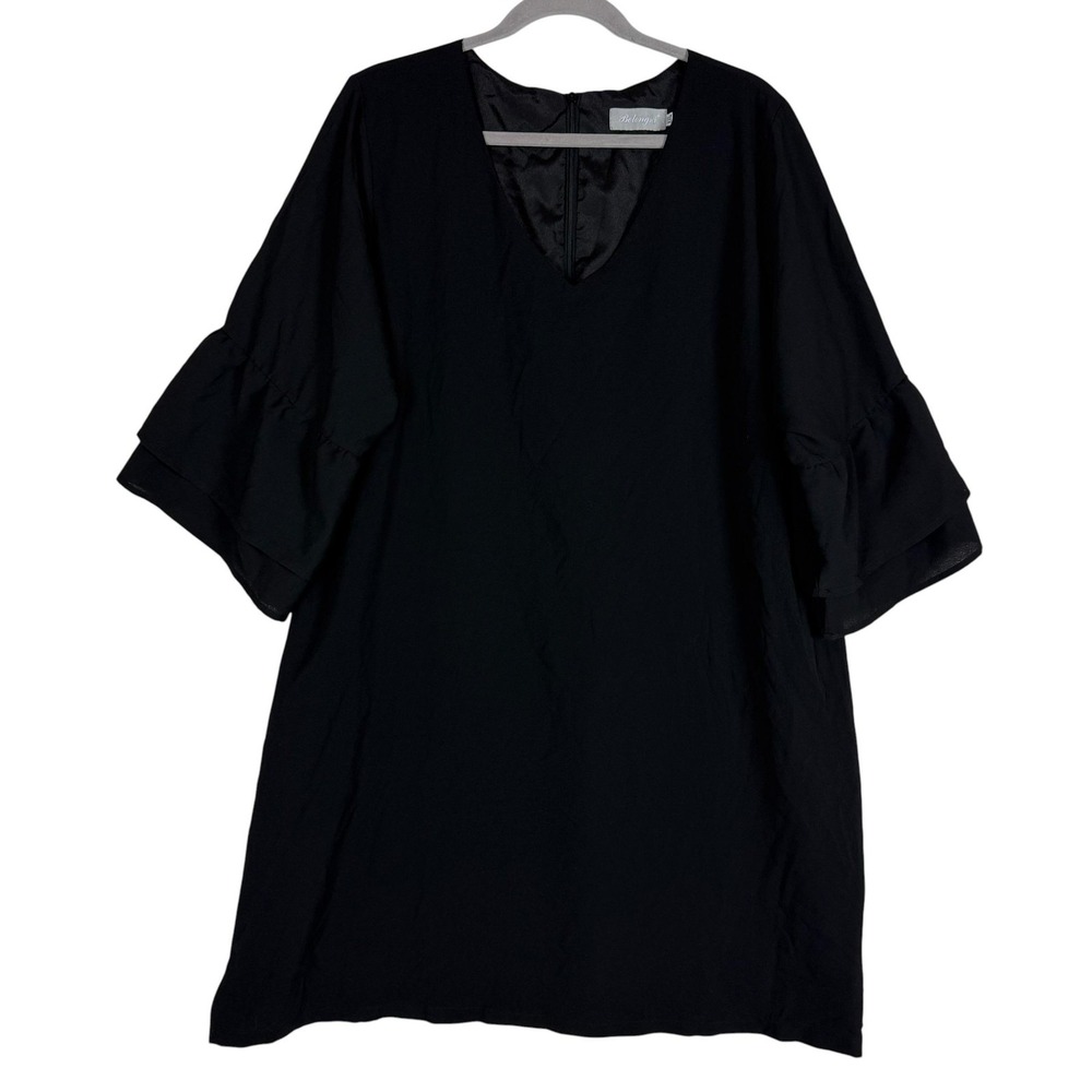 Belongsci Dress Womens XXL Black Ruffle Bell Sleeve Short Shift Lined V-Neck